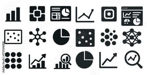 Data analysis solid icons set – filled, statistics, business visualization symbols