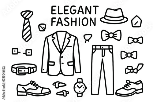 Elegant Fashion Doodles. Elegant Fashion. Hand-drawn doodle illustration Elegant Fashion suit tie jacket pants shoes cufflinks belt watch bowtie hat pocket