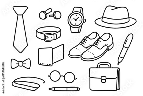 Formal Accessories Doodles. Formal Accessories. Hand-drawn doodle illustration Formal Accessories tie cufflinks watch belt pocket square shoes hat bowtie