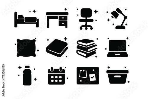 Dorm Essentials Icons. Dorm Essentials. Solid icons set of Dorm Essentials: bed, desk, chair, lamp, pillow, blanket, books, laptop, water bottle, calendar,