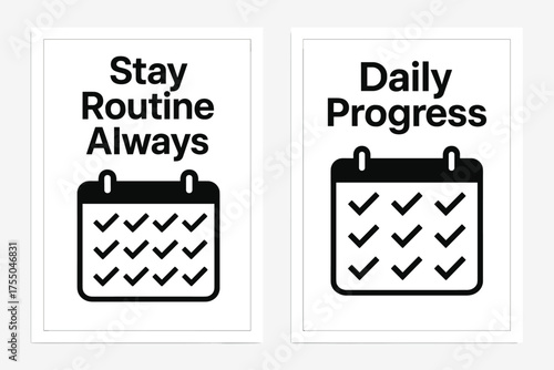 Stay Routine Always. Motivation. Two vertical A6 banners with safe margins, centered composition, no elements touching edges, flat vector design, black and