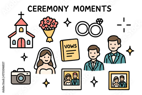 Ceremony Doodle Highlights. Ceremony Moments. Hand-drawn doodle illustration church (colored), bouquet (colored), rings, vows (colored), sparkle, star, bride,