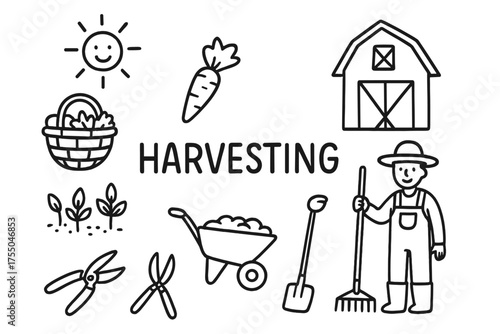 Harvesting Tools and Symbols. Harvesting. Hand-drawn doodle illustration Harvesting basket crop plant vegetable farmer sun barn hoe wheelbarrow rake shears.
