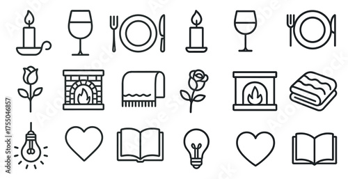 Home and dining outline icons set – linear, minimalist, household and decor symbols