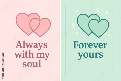 Intertwined Hearts Banners. Always with my soul. Two vertical A6 banners with safe margins, centered composition, no elements touching edges, flat vector