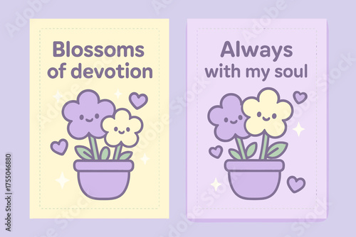 Kawaii Devotion Banners. Blossoms of devotion. Two vertical A6 banners with safe margins, centered composition, no elements touching edges, kawaii, pastel