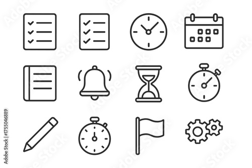 Efficient Workflow Icons. Efficient workflow. Line icon set of Efficient workflow: task list, checklist, clock, calendar, planner, alarm bell, hourglass,