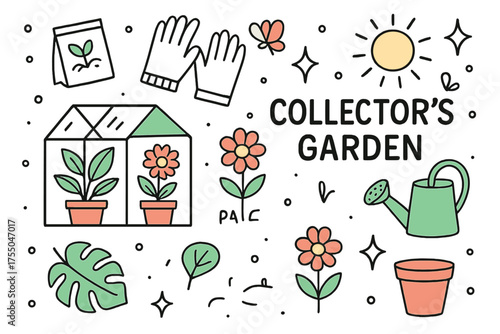 Collector's Garden Oasis. Collector?s Garden. Hand-drawn doodle illustration greenhouse (colored), rare flower (colored), tropical leaf (colored), sparkle,
