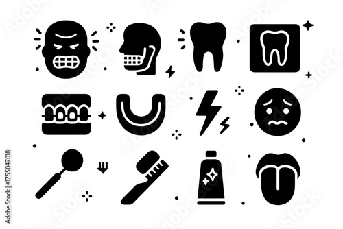 Jaw Tension Icons. Jaw tension. Solid icons set of Jaw tension: clenched teeth face, jaw, molar tooth, dental X-ray, braces, mouthguard, lightning bolt,