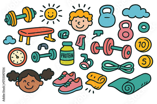 Colorful Fitness Icons. Fitness Fun. Colorful Hand-drawn doodle Children illustration dumbbells, gym bench, kettlebells, barbells, weight plates, resistance