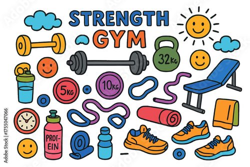 Colorful Gym Doodle. Strength Gym. Colorful Hand-drawn doodle Children illustration dumbbells, barbells, weight plates, kettlebells, gym bench, resistance