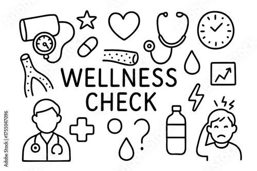Wellness Check Icons. Wellness check. Hand-drawn doodle illustration wellness check heart, sphygmomanometer, stethoscope, artery, blood droplet, clock, chart,