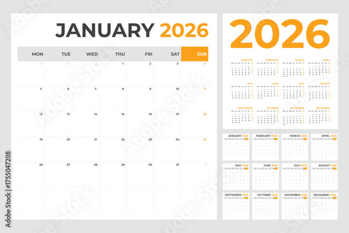 Calendar Template for 2026 Year with Monday Start