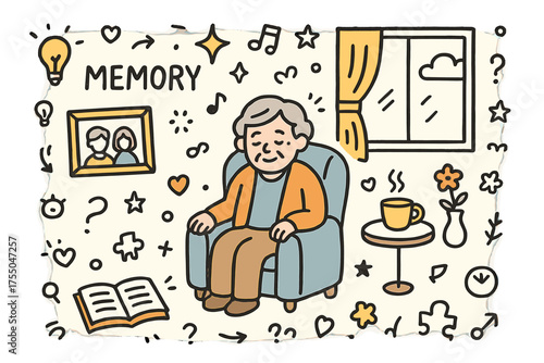 Memory Time Illustration. Memory Time. Hand-drawn doodle illustration elderly person (colored), photo frame (colored), book (colored), sparkle, star, chair,