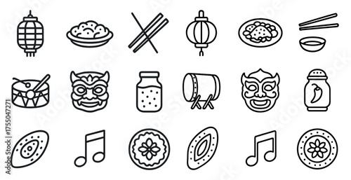 Asian culture outline icons set – line style, traditional, cultural symbols