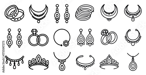 Jewelry and fashion outline icons set – elegant, linear, accessory symbols