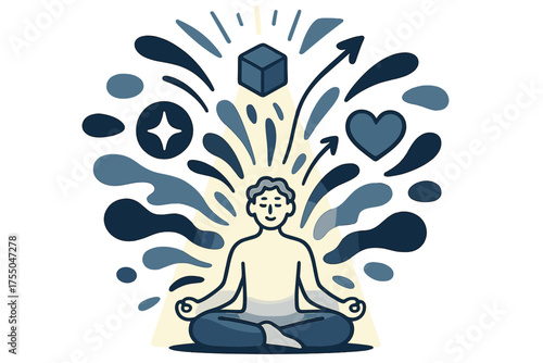 Meditative Enlightenment. Inner awakening. Glowing person meditating under radiant light beams while abstract shapes float outward. Floating icons of sparkle,