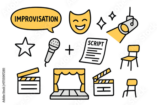 Theatrical Elements Doodle. Improvisation. Hand-drawn doodle illustration speech bubble (colored), comedy mask (colored), script (colored), sparkle, star,