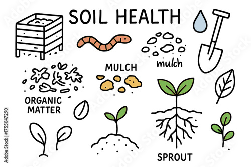 Colorful Compost Elements. Soil Health. Hand-drawn doodle illustration compost bin (colored), earthworm, mulch (colored), organic matter, shovel, droplet