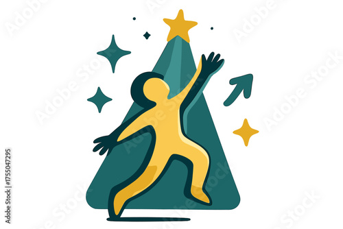 Glowing Cosmic Silhouette. Cosmic connection. Glowing silhouette reaching upward, tethered by light beam to stars above. Floating icons of sparkle, star, and