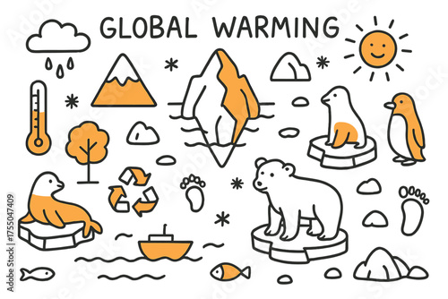 Global Warming Doodle. Global Warming. Hand-drawn doodle illustration Glacier, ice melting, water, iceberg, mountain, sun, cloud, polar bear, seal, penguin,