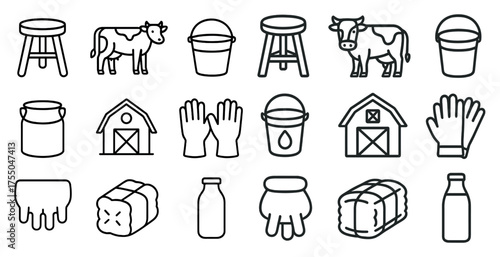 Farm and agriculture outline icons set – linear, barn, cow and harvest symbols