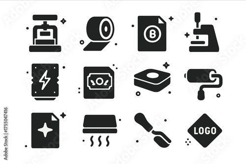 Foil Stamping Icons. Foil Stamping. Solid icons set of Foil Stamping: stamping press, foil roll, embossed paper, hot stamping machine, metal die, engraved