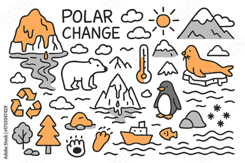 Polar Ecosystem Doodle. Polar Change. Hand-drawn doodle illustration Glacier, melting ice, iceberg, water stream, sun, cloud, mountain, polar bear, seal,