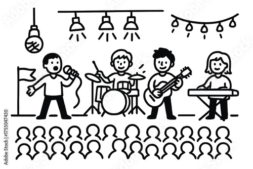 Musical Performance Icons. Performers. Hand-drawn doodle illustration Performers singer guitarist drummer keyboardist microphone stage spotlight crowd flag