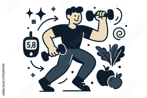 Diabetes Workout Icons. Diabetes-friendly workouts. Glowing person lifting light dumbbells with glucose meter and healthy food icons floating. Floating icons