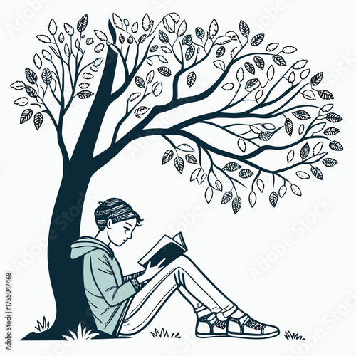 Vector art of boy reading under tree
