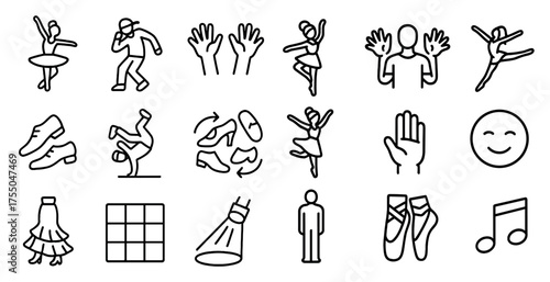 Dance and movement line icons set – outline, silhouette, performance symbols