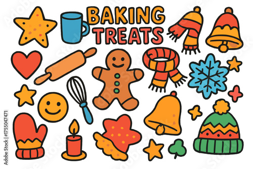 Festive Baking Doodles. Baking Treats. Colorful Hand-drawn doodle Children illustration cookie, gingerbread, rolling pin, whisk, mug, snowflake, star, heart,