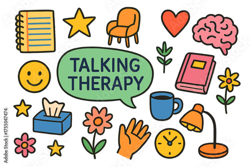 Colorful Therapy Doodles. Talking Therapy. Colorful Hand-drawn doodle Children illustration speech bubble, notebook, chair, heart, star, smiley face, tissue