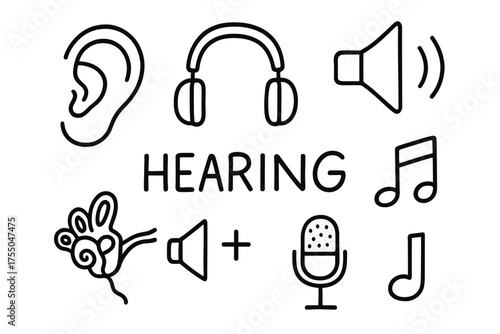 Hearing Essentials Doodle. Hearing. Hand-drawn doodle illustration Hearing ear headphones sound wave vibration speaker music note cochlea nerve