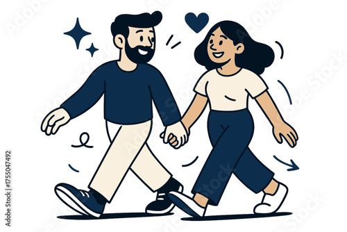 Joyful Stroll Connection. Shared walk. Glowing couple strolling side by side, hands gently intertwined, chatting with joy. Floating icons of sparkle, heart,