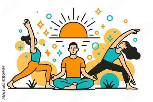 Sunrise Yoga Harmony. Sunrise Yoga. A glowing group practicing yoga poses under the rising sun, abstract floating spark and circle icons symbolizing calm