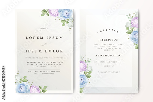 Elegant wedding invitation card design featuring soft lavender and blue roses with delicate green leaves. Clean text layout on a soft, neutral background, perfect for weddings and VIP events.