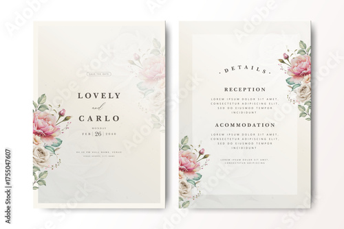 Elegant wedding invitation card design featuring soft watercolor florals with peonies, roses, and greenery. Perfect for personalized wedding invitations with reception and accommodation details.