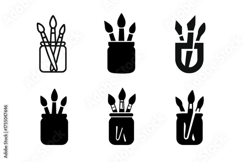 Art Logo Variations. Studio corner with art supplies. Set Logo of Art studio: paintbrushes in jar. harmonious logo variations of the same emblematic concept,