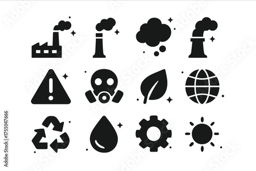 Industrial Icon Set. Smoke stacks and emissions. Solid icons set of Smoke stacks and emissions: factory building, smoke stack, cloud of smoke, industrial pipe,