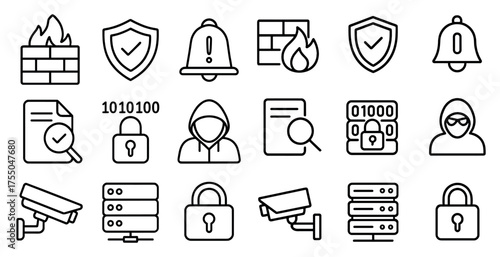 Cybersecurity outline icons set – secure, protection, digital safety symbols