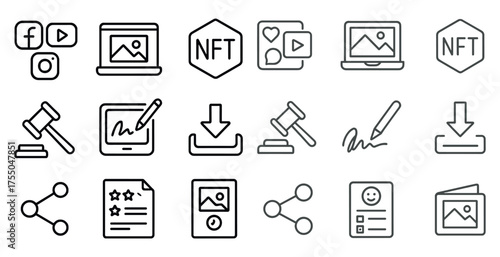 Social media and nft outline icons set – linear, minimalist, digital graphics