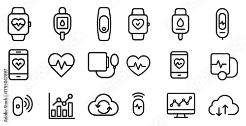 Healthcare and fitness linear icons set – outline, medical, wellness symbols