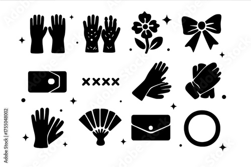 Hand Fashion Icons. Hand Fashion Details. Solid icons set of Hand Fashion Details: silk gloves, lace gloves, embroidery, ribbon, wrist cuff, decorative stitch,