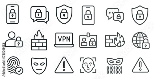 Cybersecurity and privacy outline icons set – secure, protection, digital symbols