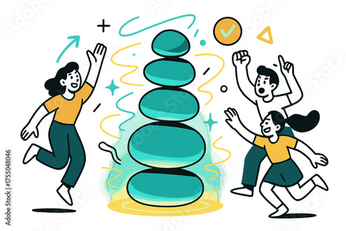 Balanced Glowing Rocks. Stacked stone balance. Glowing rocks stacked in perfect alignment on a glowing surface, floating abstract energy lines highlighting