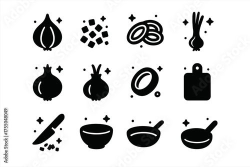 Vegetable Prep Icons. Vegetable Prep. Solid icons set of Vegetable Prep: onion, chopped onion, sliced onion, green onion, red onion, onion bulb, onion sprout,