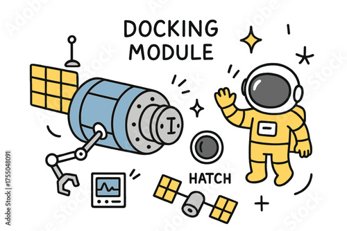 Colorful Space Docking. Docking Module. Hand-drawn doodle illustration docking port (colored), module (colored), astronaut (colored), sparkle, star, antenna,