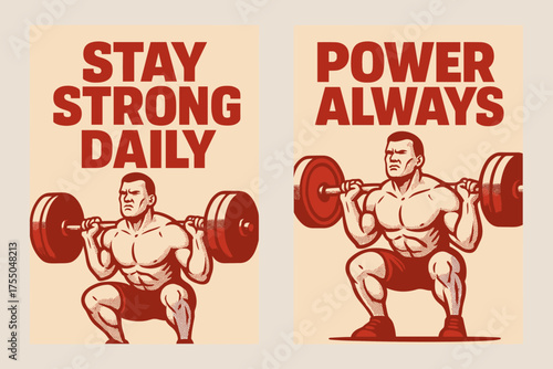 Strength Banner Duo. Strength. Two vertical A6 banners with safe margins, centered composition, no elements touching edges, bold style, red and beige, athlete